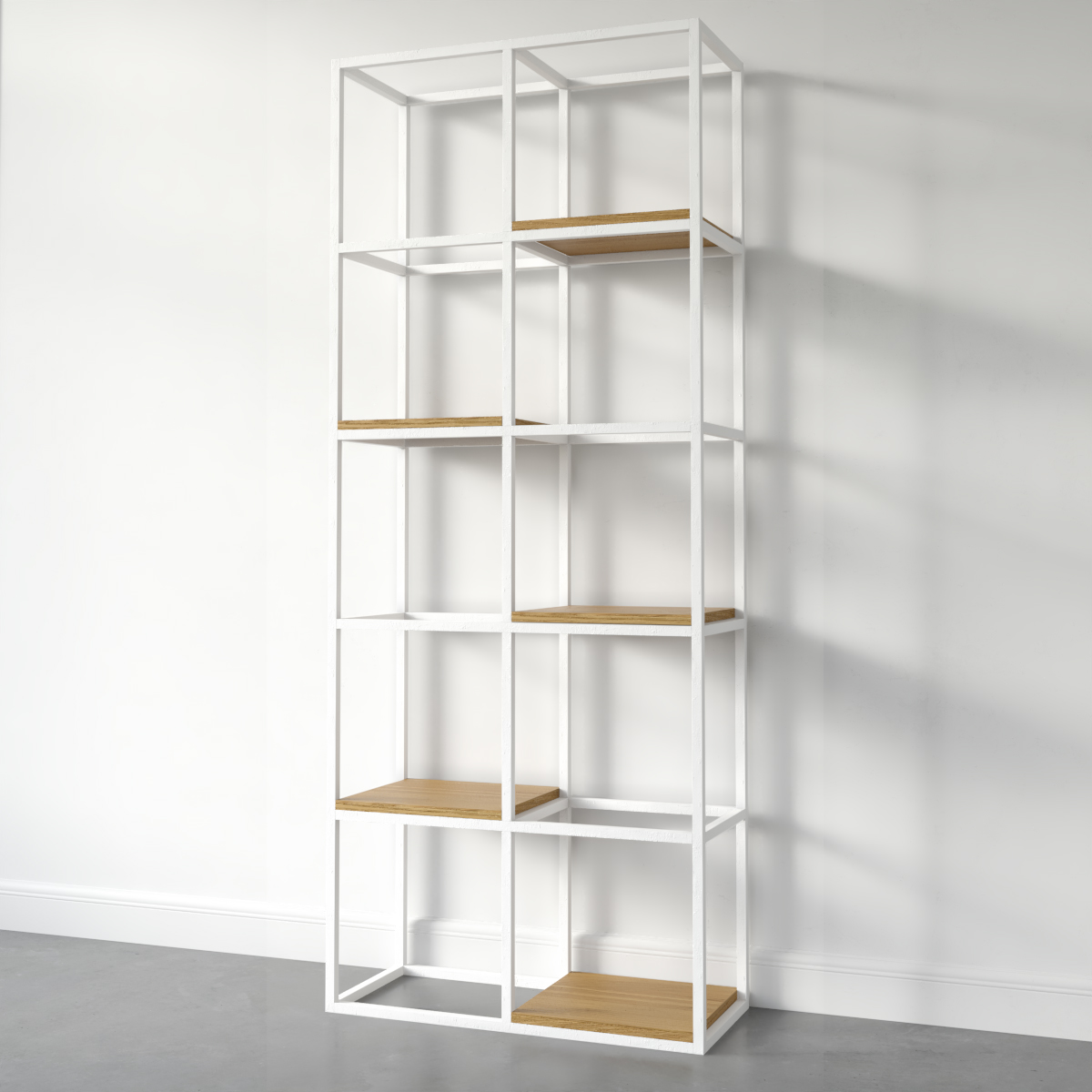 Regał loftowy w stylu industrialnym Basic, z kolekcji OAK RIG. Stelaż w kolorze białym, półki w kolorze dąb naturalny. Jesteśmy producentem mebli loftowych. Tworzymy gotowe zestawy jak i również meble industrialne na zamówienie.