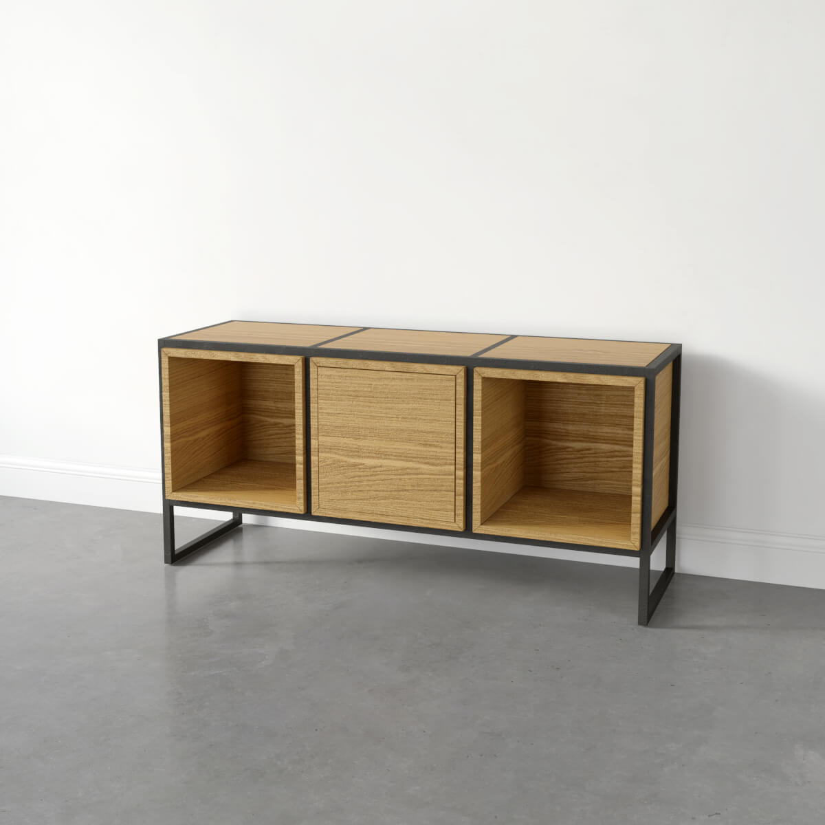 Komoda loftowa 3Bits w kolorze dąb naturalny, stelaż w kolorze czarnym Trzy wymienne moduły: dwa kubiki otwarte oraz kubik zamknięty.