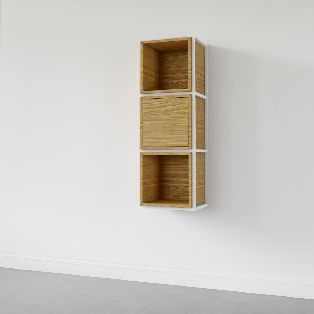 Szafka loftowa wisząca w kolorze dąb naturalny, stelaż w kolorze białym.